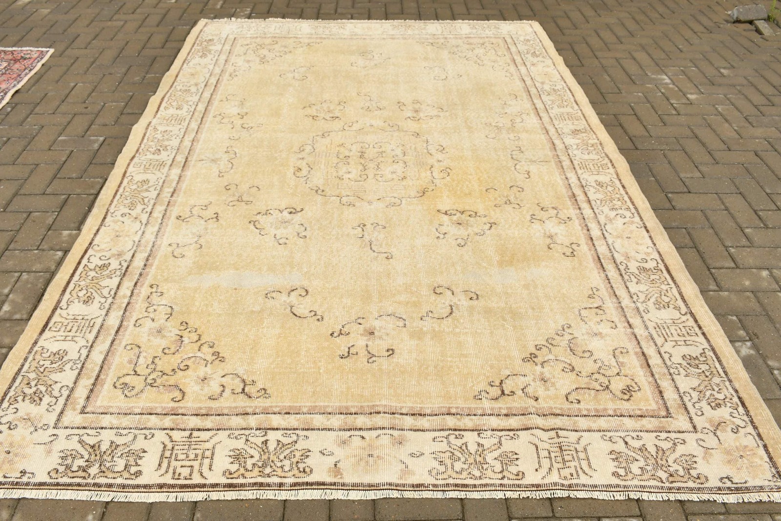 Turkish 6,8×9,5 ft Rug, Large Vintage Rug, Beige Brown Striped Rug