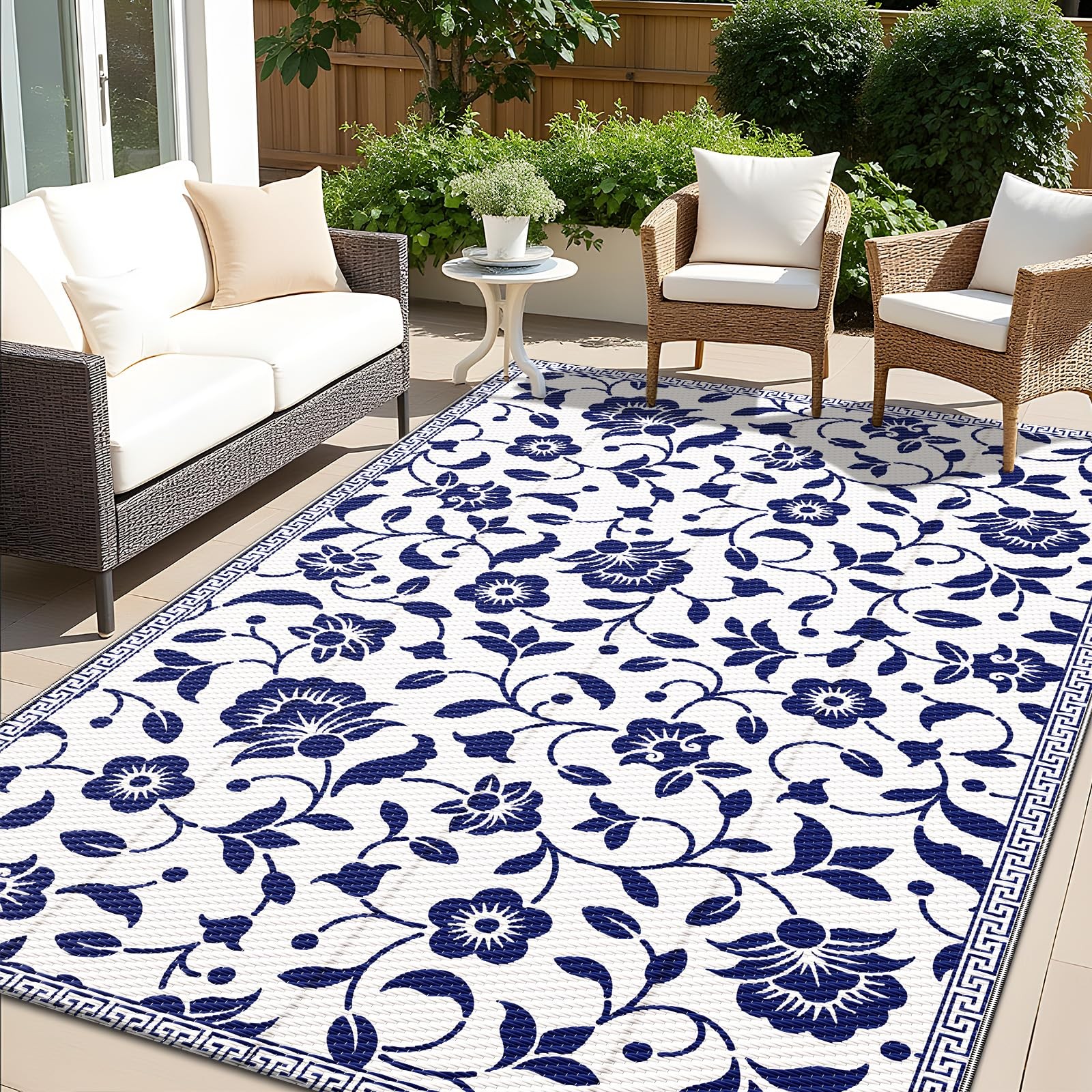 Waterproof Outdoor Rug 5×8 ft, Outdoor Plastic Straw Rug with Flower Pattern,…