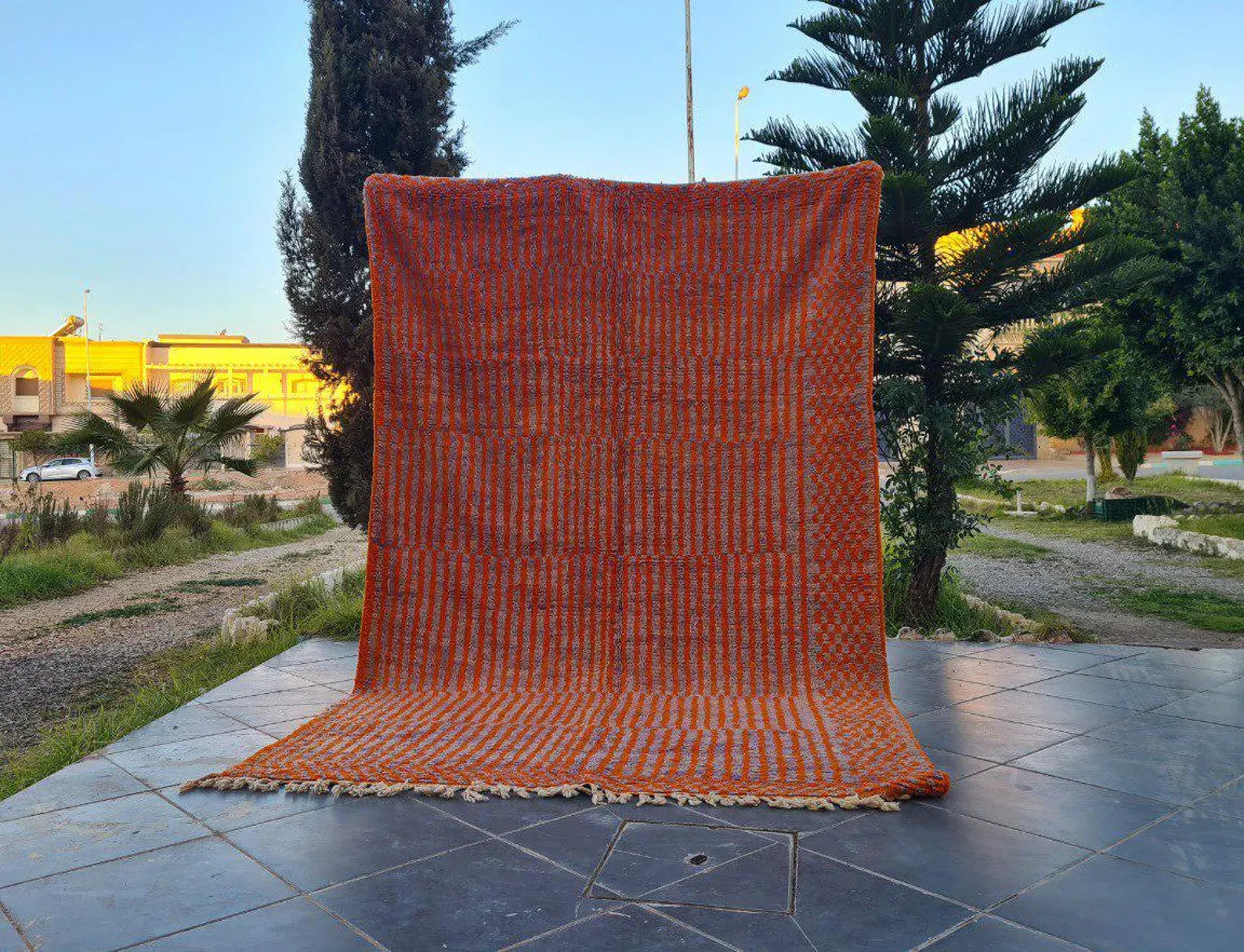 Handwoven Moroccan Berber Rug: Orange Purple Wool, Boho Decor