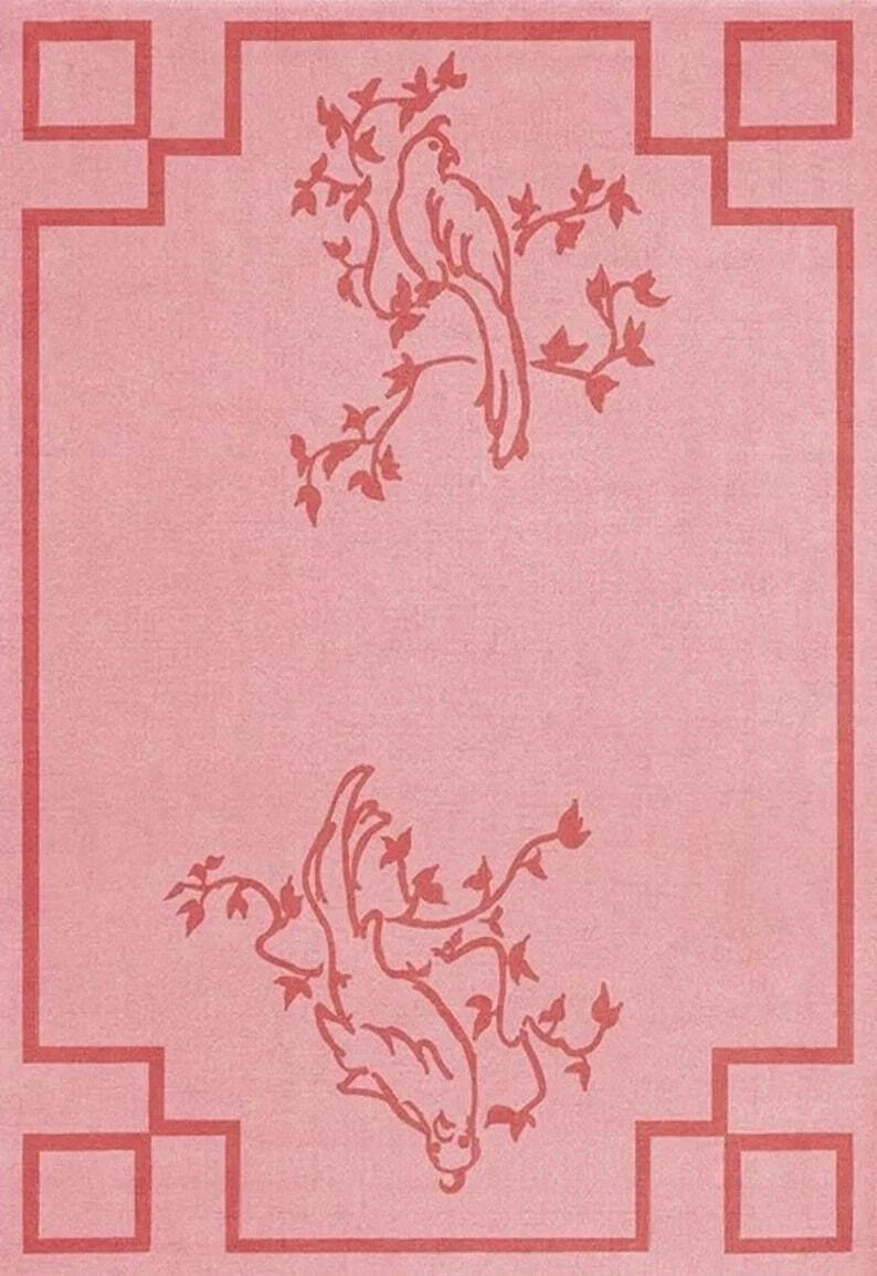 Modern Handmade Area Rug 2 Color Ivory Rust and Pink Bird Design Carpet