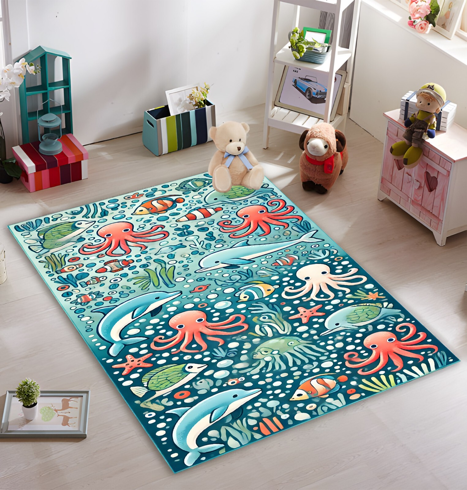 Sea Creatures Rug, Ocean Theme Kids Room Decor,Children’s Room Decor, Kids Play