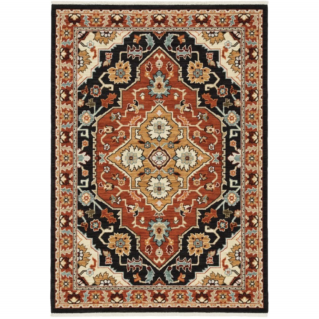 3′ X 5′ Black Orange And Beige Oriental Power Loom Stain Resistant Area Rug With