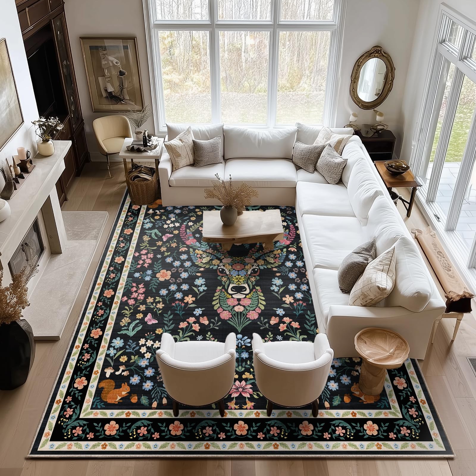 Area Rug Vintage Floral Deer Pattern 9×12 – Bohemian Forest Animal Carpet wit…