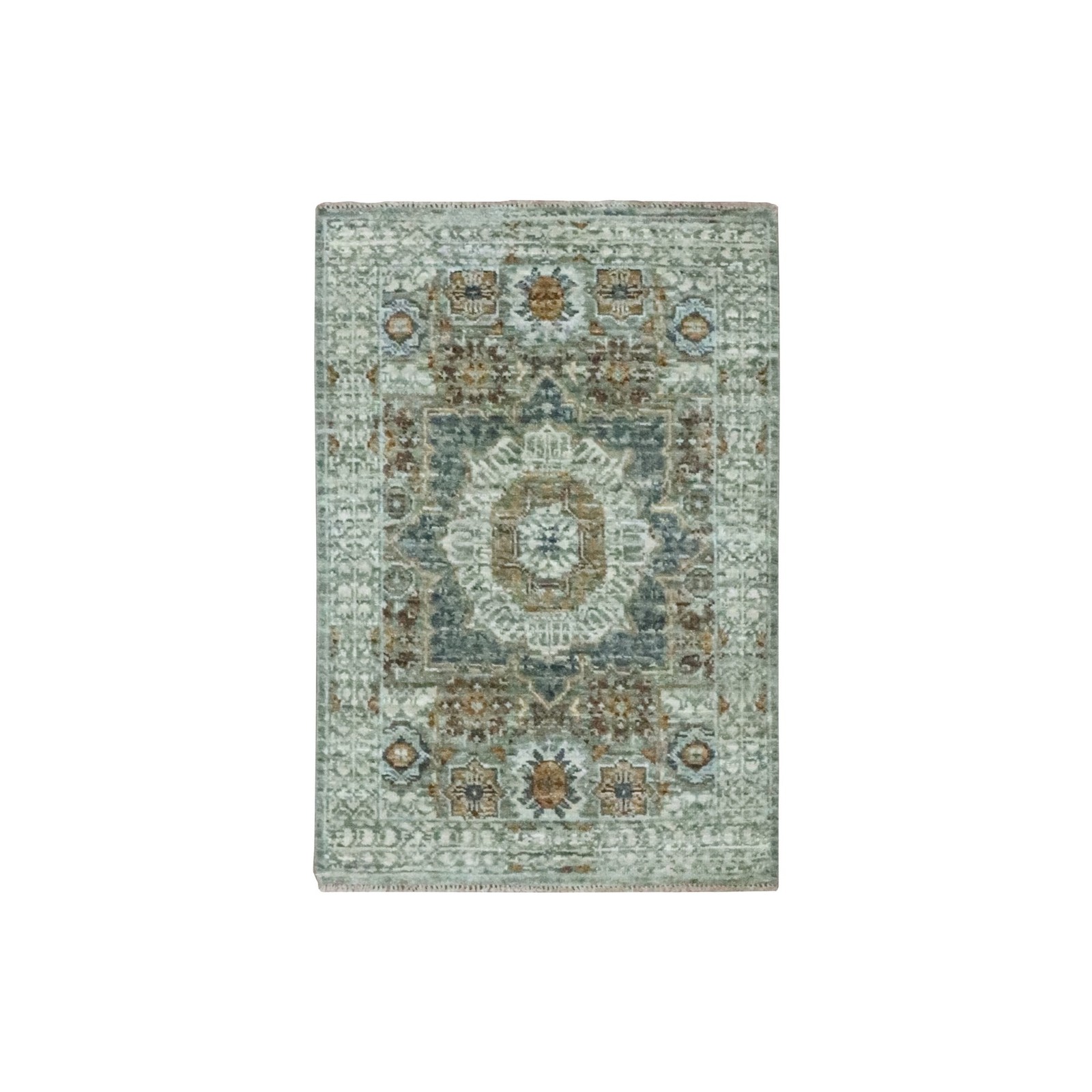 2’1″x3’1″ Sage Green Rug Wool Pre Historic Mamluk Design Hand Knotted Mat 76816