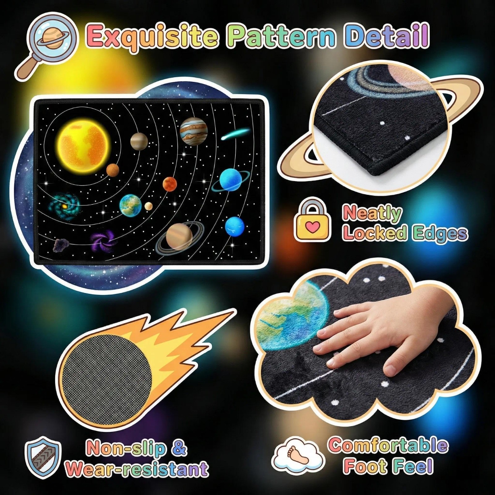 Solar System Space Rug 3’×5′ for Kids Room – Educational Planet Carpet for Playr