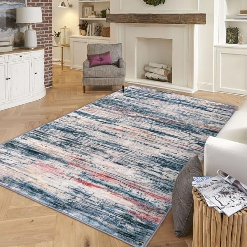 Teal Blue Peach Gray Multi 5×7 5′ x 7′ (Rectangular) Teal/Blue/Peach/Gray/Multi