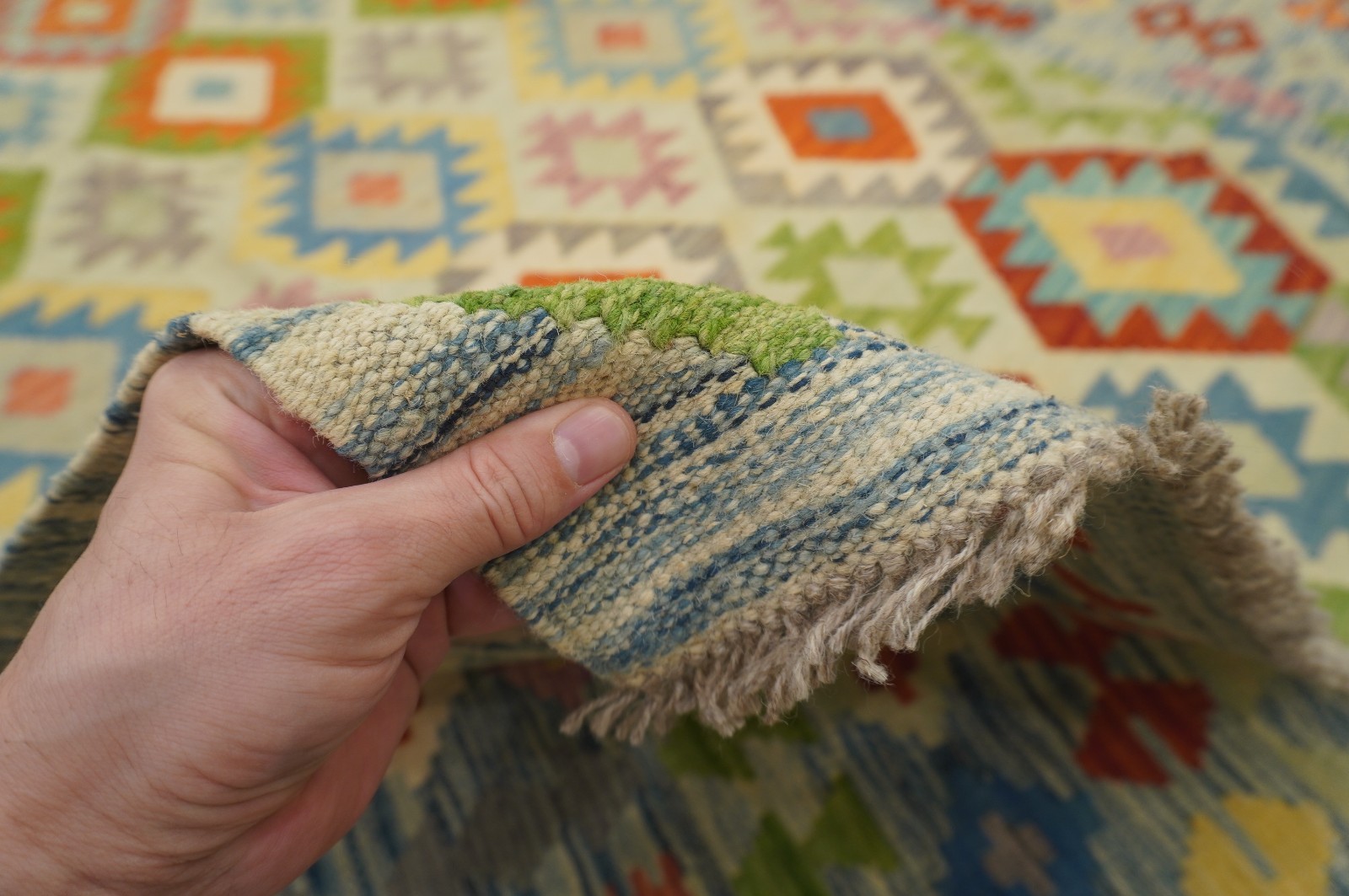 8×11 ft Blue Afghan Handmade Geometric Wool Kilim Area Rug (8’5″x11’5″)