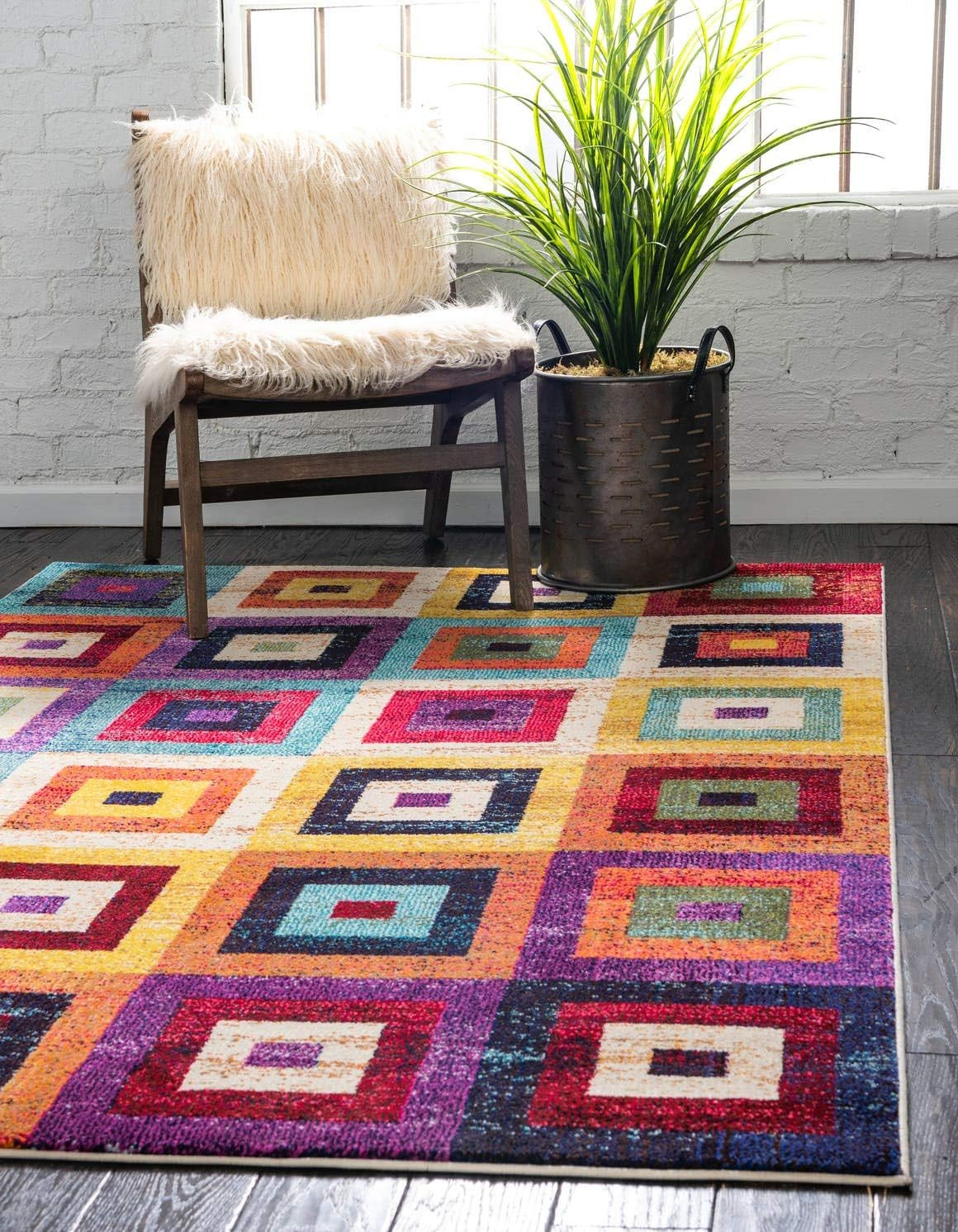 Colorful Geometric Squares Area Rug – Modern Abstract 8′ x 11′ Rectangular
