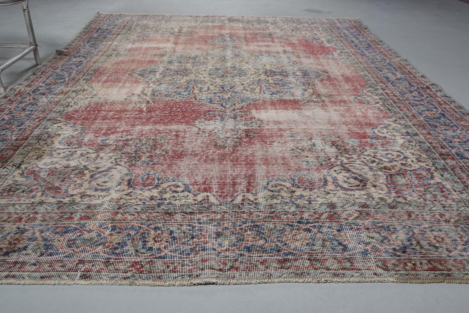 Turkish Vintage Rug, 7,2×10,2 ft Oversize Rug, Red Blue Ikat Rug
