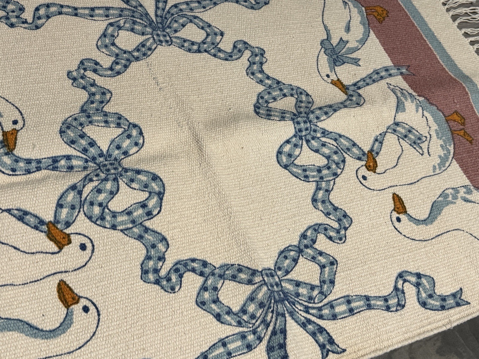 Vintage Goose Ducks & Bows Rug Hand Woven 100% Cotton India Cottagecore New 40”