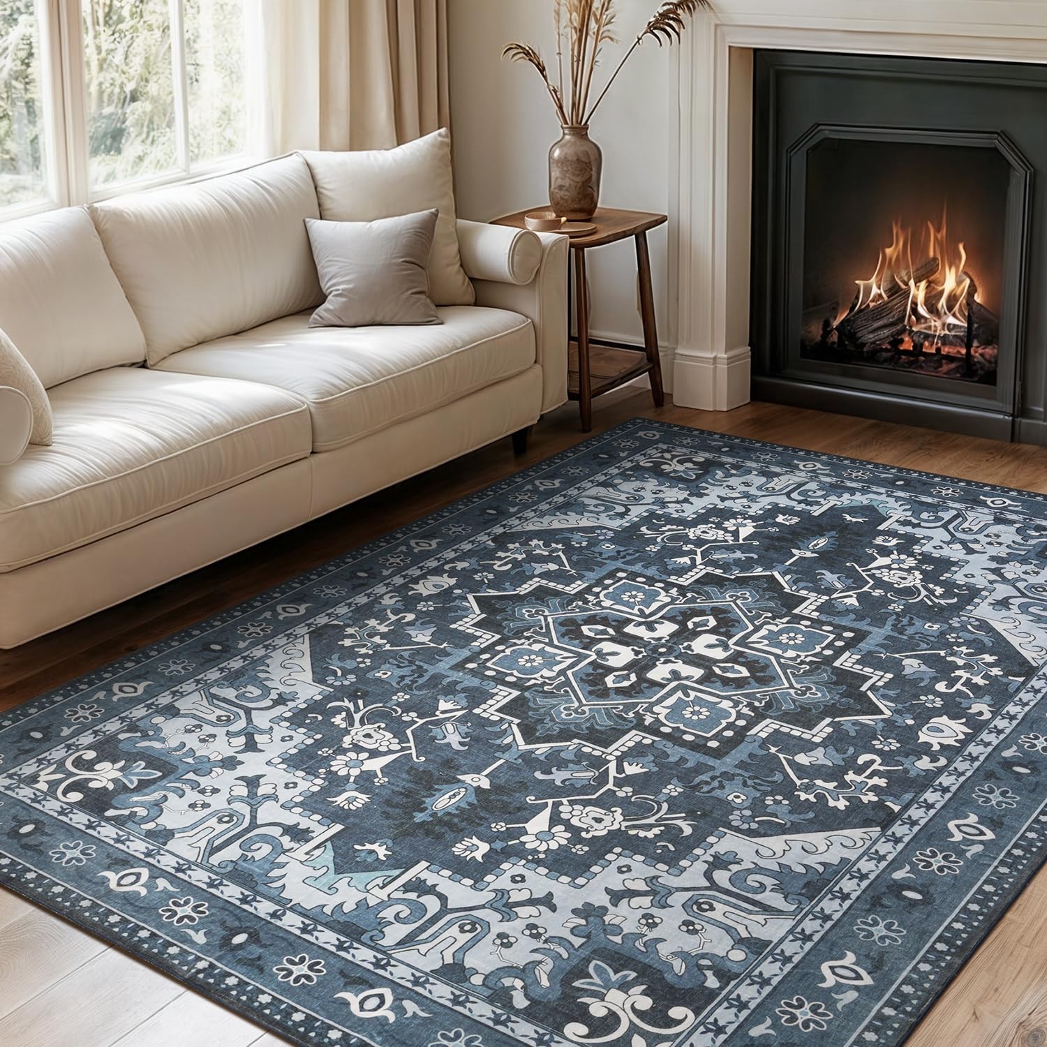 Rugflix 5×7 Machine Washable Area Rug, Dark Navy Blue Carpet for Living Room