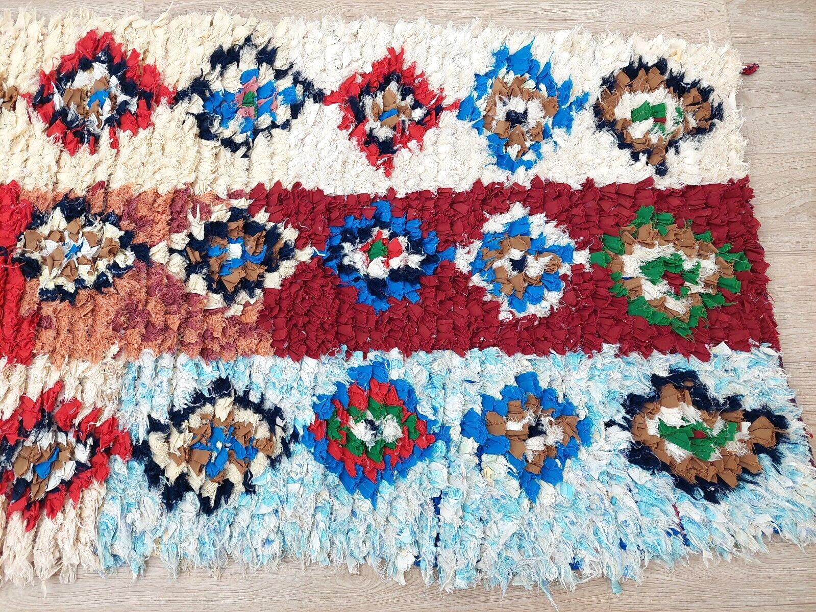 Moroccan Boujad Vintage Runner Rug White Beige Colorful Handmade Long Rug 2×8 ft
