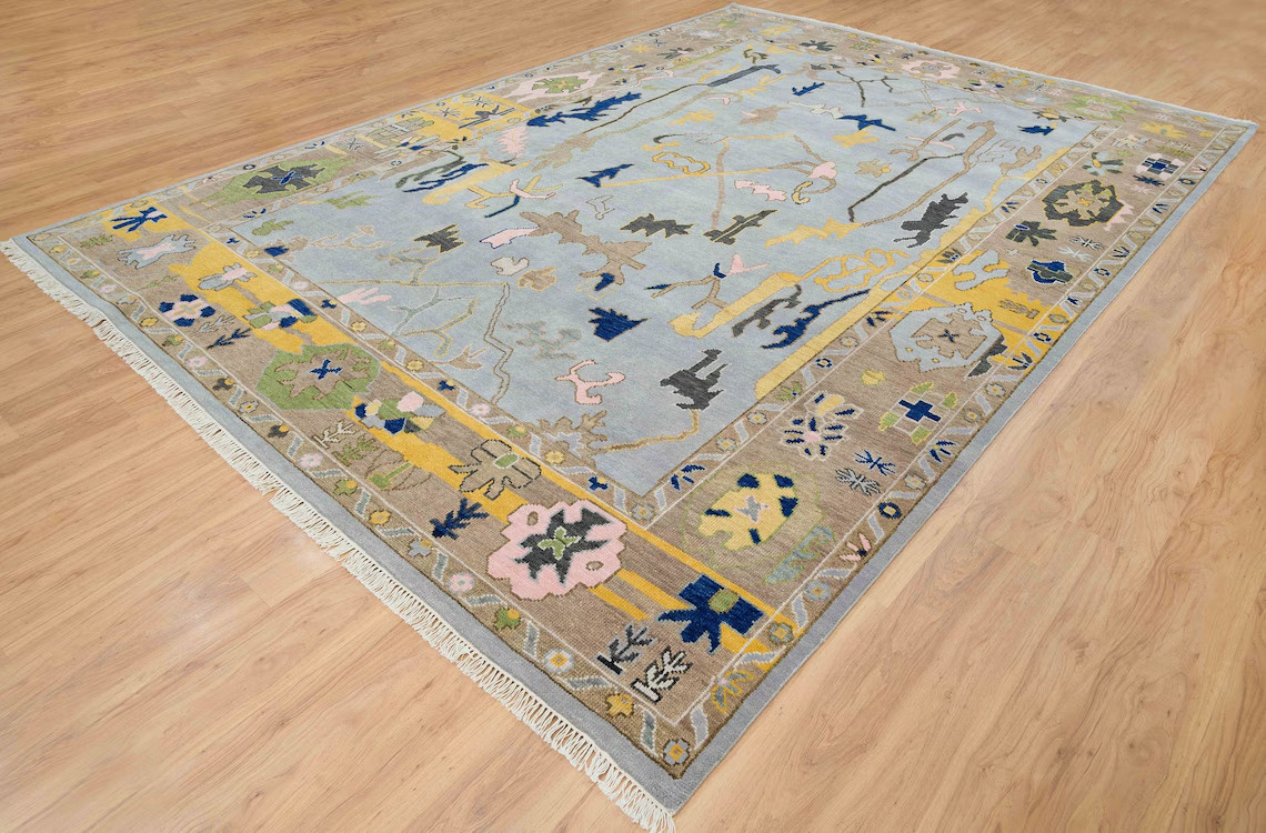 Abstract Handmade Turkish rug | Grey Contemporary Rug with Navy Accent | New Rug