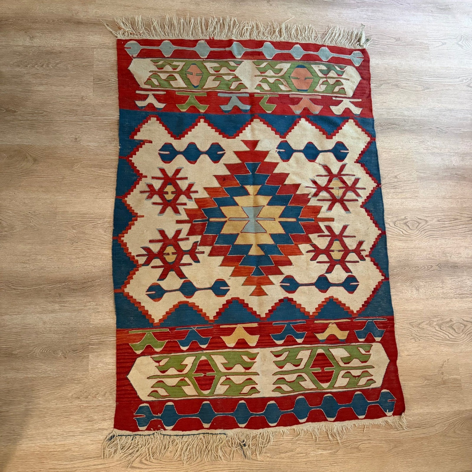 Kilim Area Rug 5X4 Reversible Red/Blue Tribal Handwoven Flatweave Reversible