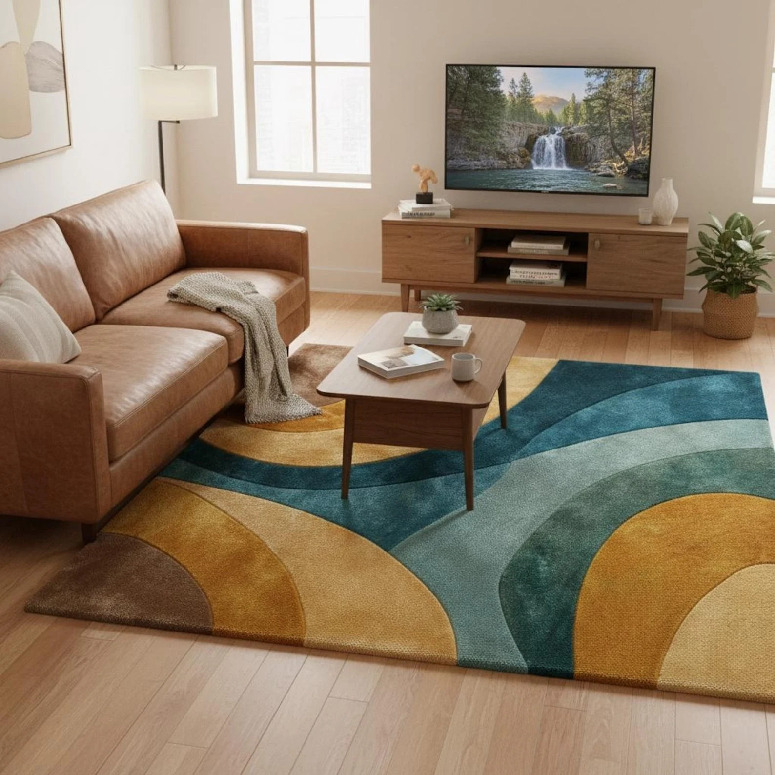 Retro Abstract Wave Wool Rug – Teal Mustard Modern Area Rug, Hand Tufted Carpet
