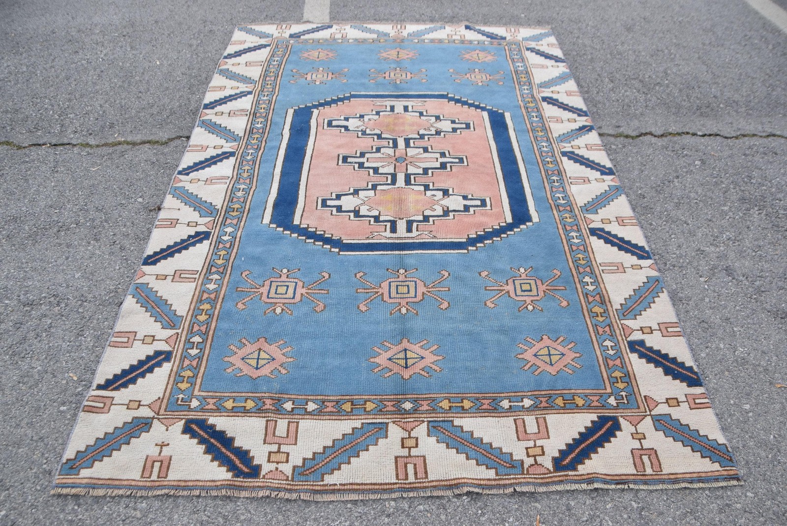 Turkish Vintage Rug, 5,4×8,4 ft Large Rug, Blue Pink Floral Rug