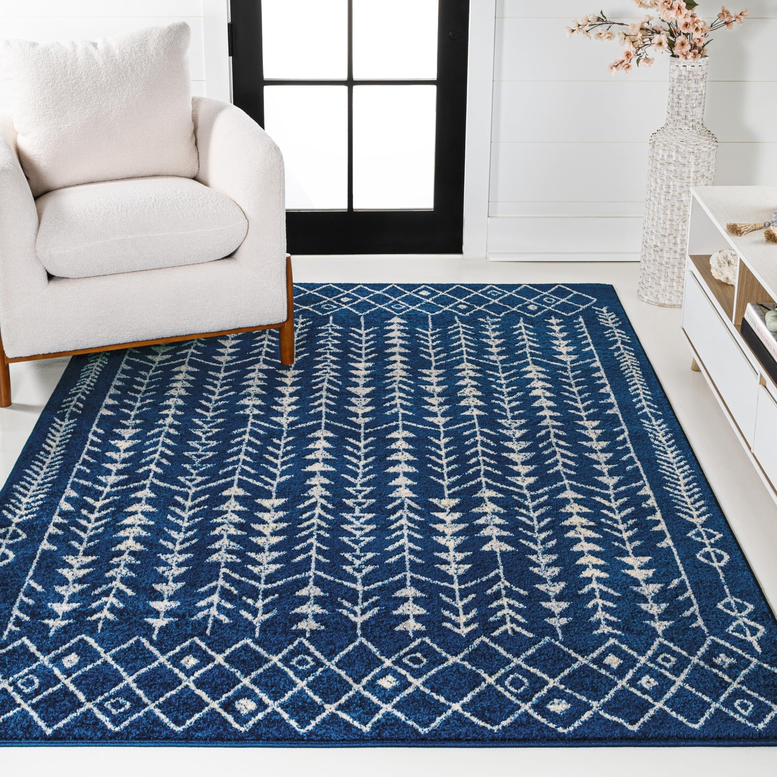 Navy Cream Tribal Area Rug 7 x 9 Modern Synthetic Fiber Low Pile 0.39 Inch