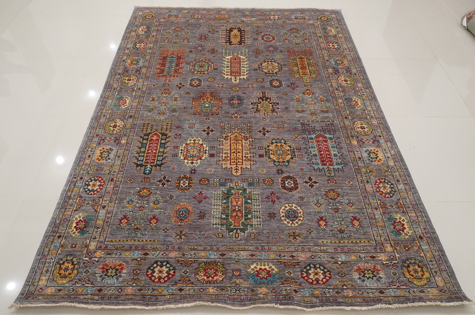 6×8 ft Blueish Gray Afghan Hand Knotted Wool Area Rug