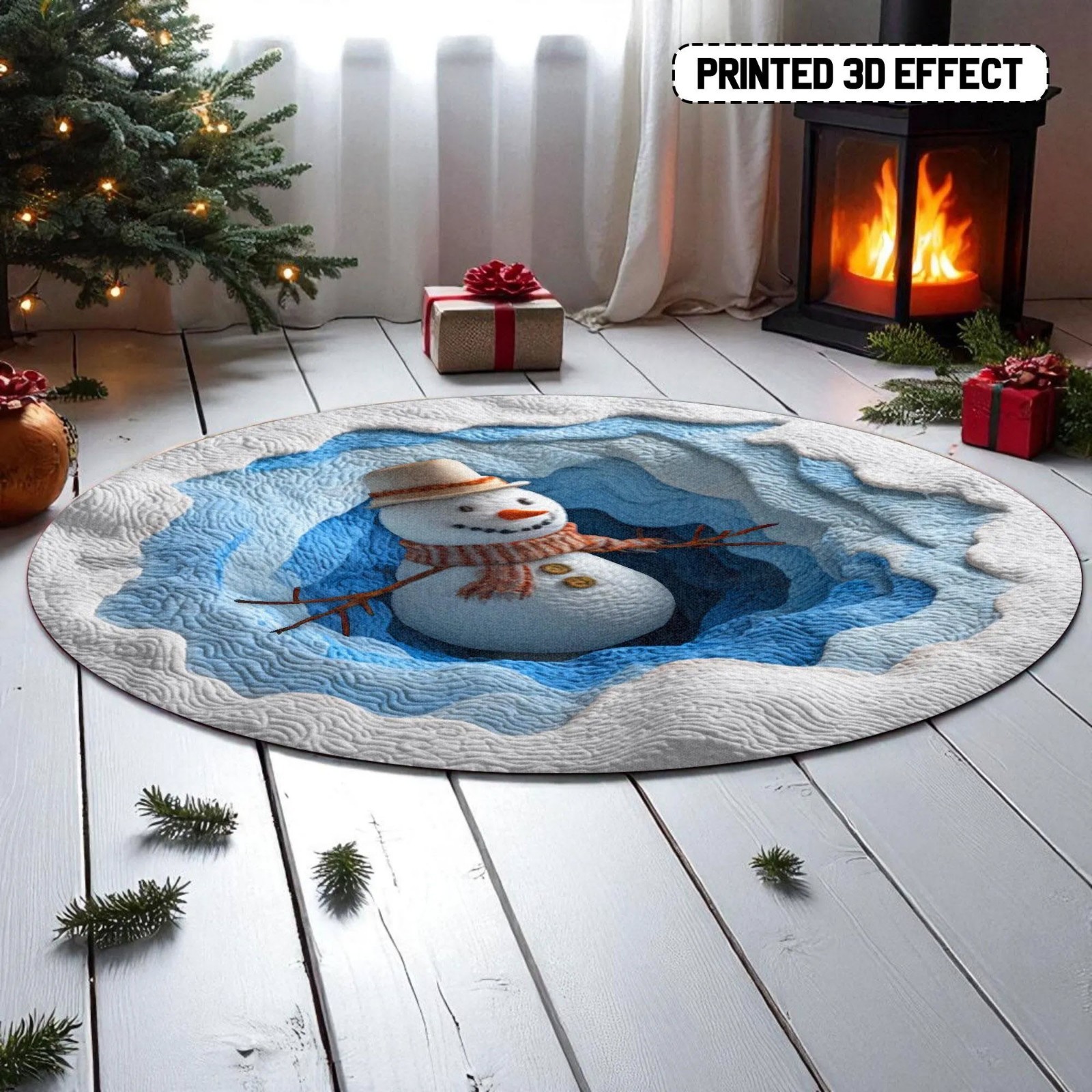 3D Snowman Christmas Rug Round Carpet Funny Illusion Holiday Home Decor Gift