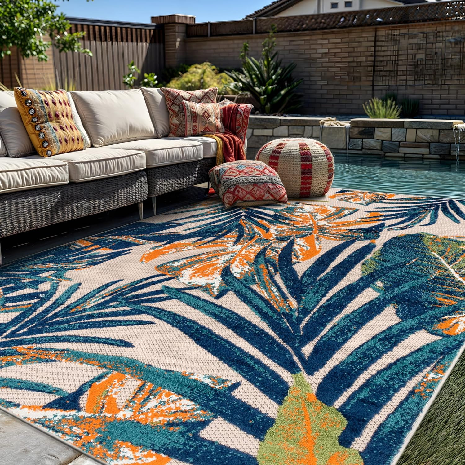Tropical Floral Indoor/Outdoor Rug – Durable, Easy to Clean, 7’10” x 10