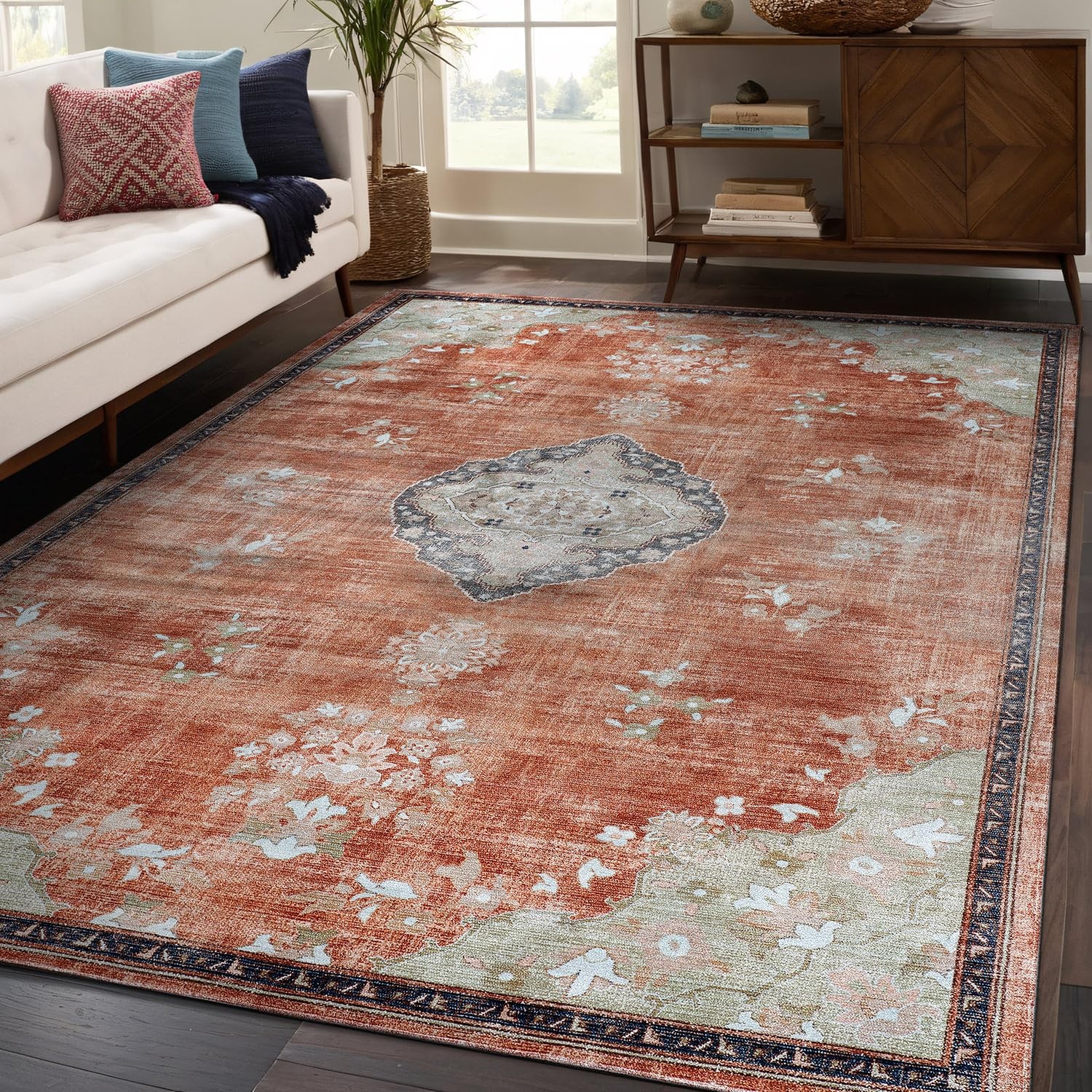 Non Slip Rugs 5×7 Boho Medallion Floral Non Skid Rubber Backing Easy Silk Sof…