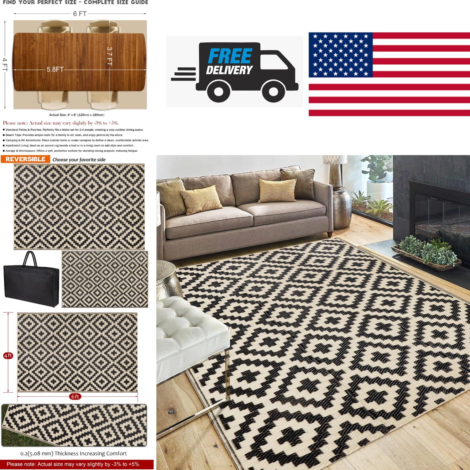 Reversible Plastic Straw Rug 4×6 Feet Black and Beige Lattice for Outdoors