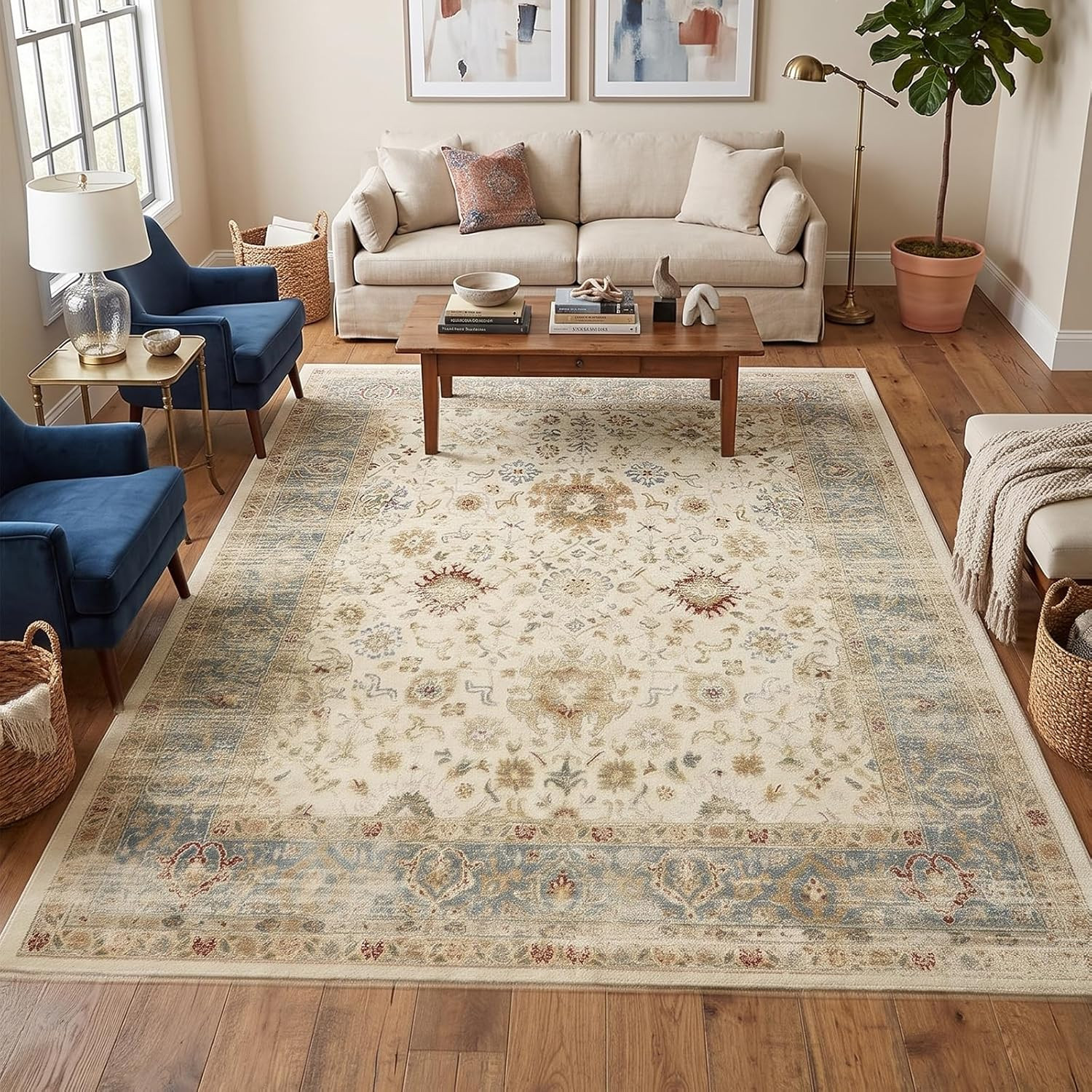 8X10 Feet Washable Vintage Bohemian Floral Area Rug – Non-Slip Foldable Floor Ma