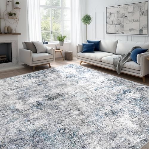 Abstract 10×14 Washable Rug: Modern Non Slip 10′ x 14′ (Rectangular) Blue Gray