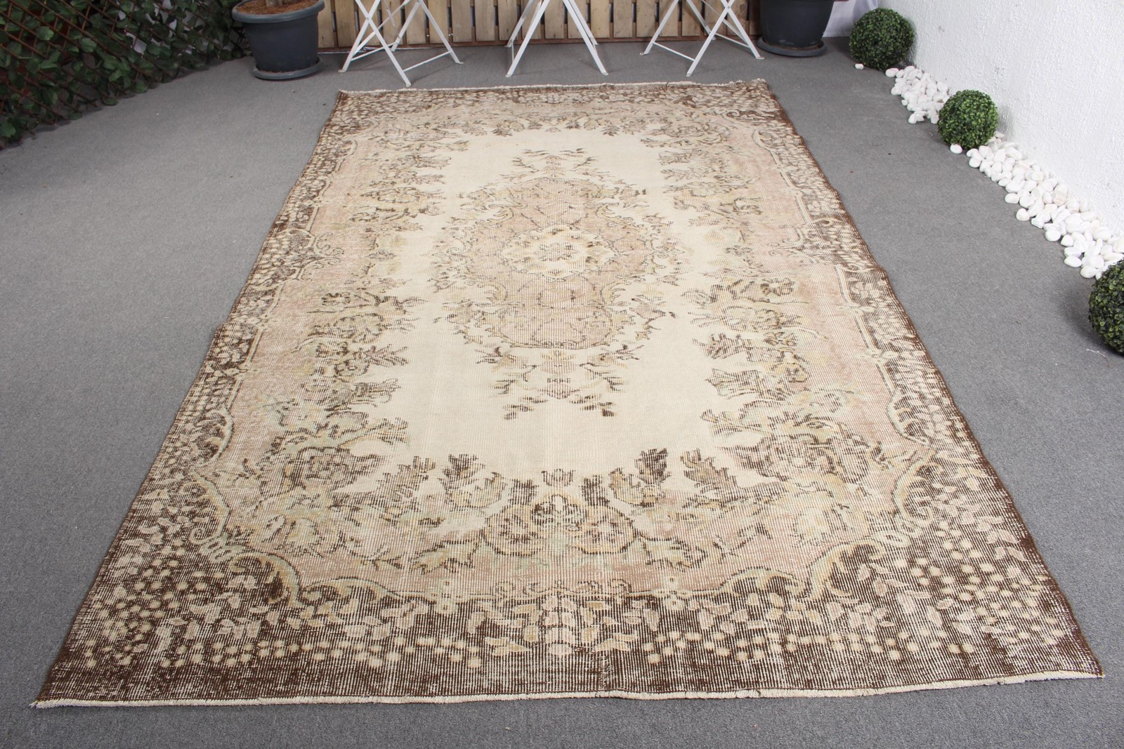 5,9×9,6 ft Vintage Rug, Turkish Rug, Beige Check Wool Rug