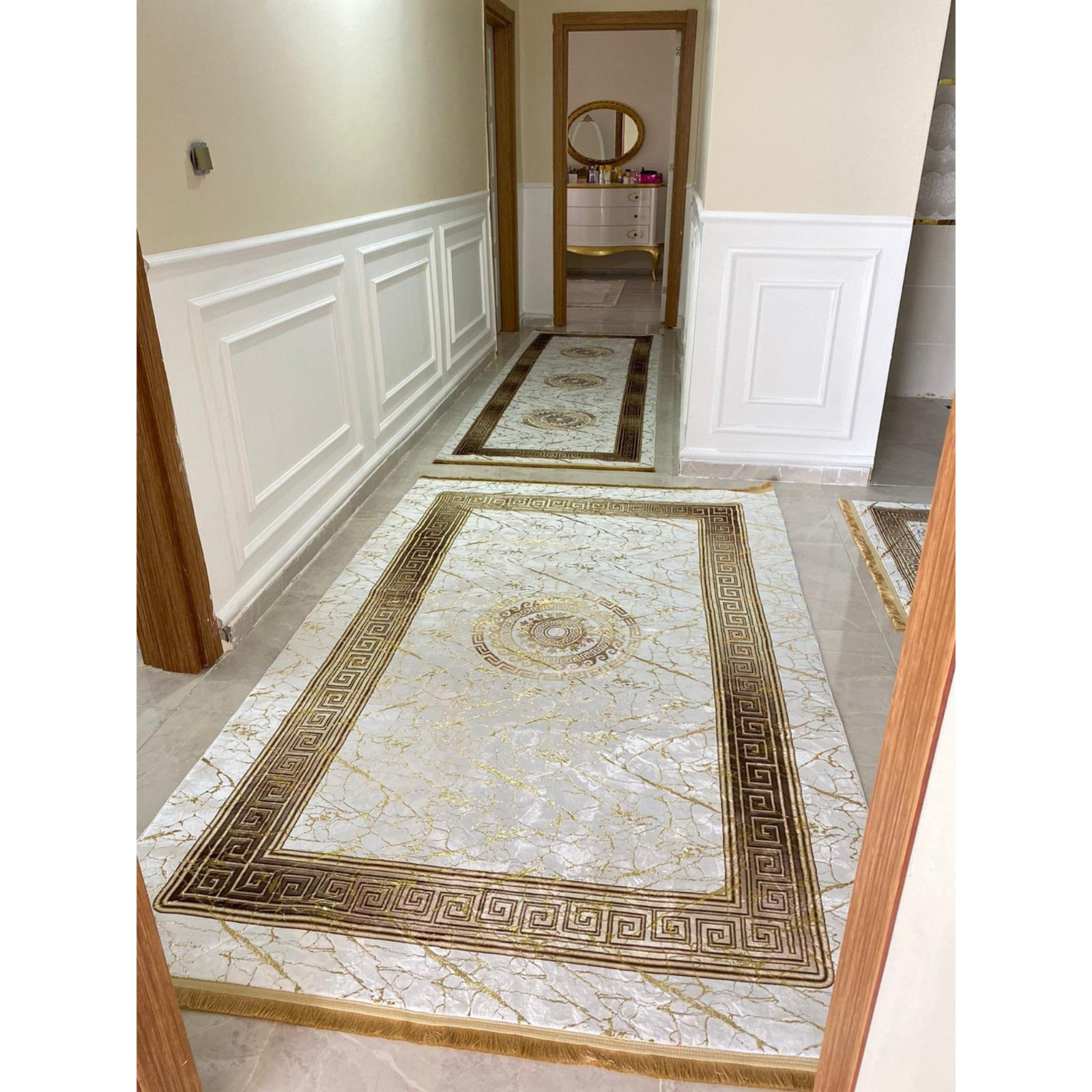 Luxury Greek Border Hallway Carpet | Non-Slip Luxe Runner | Bamboo Shimmer Rug