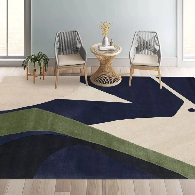 Handmade Blue White Wool Carpet Modern Area Rug Bedroom Home Decor