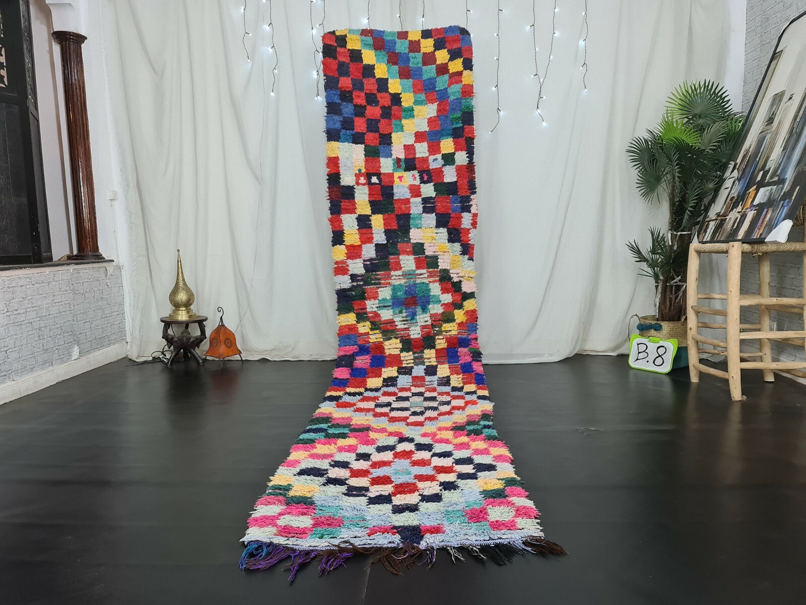 Moroccann Vintage Handmade Runner Rug 2’7×11’7ft Checkered Colorful Cotton Rug