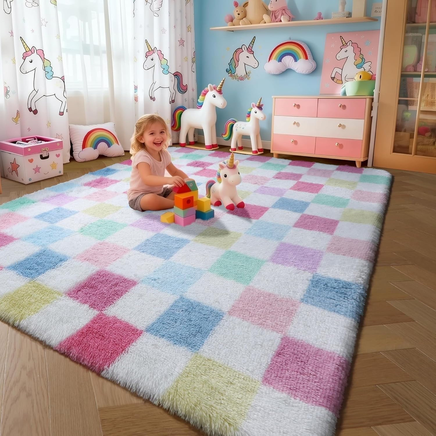 Fluffy Area Rugs 8×10 Rainbow Large Shaggy Soft Carpet for Living Bedroom Floor