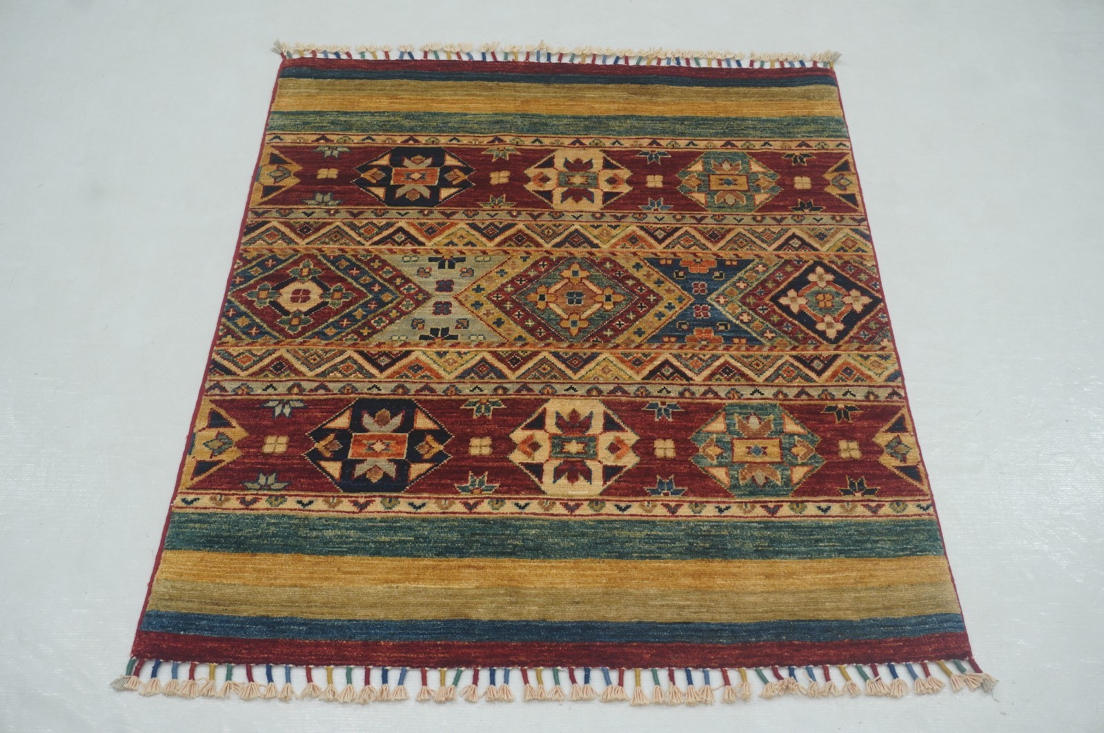 3×3 ft Red Khorjin Afghan Hand Knotted Wool Tribal Small Square Rug