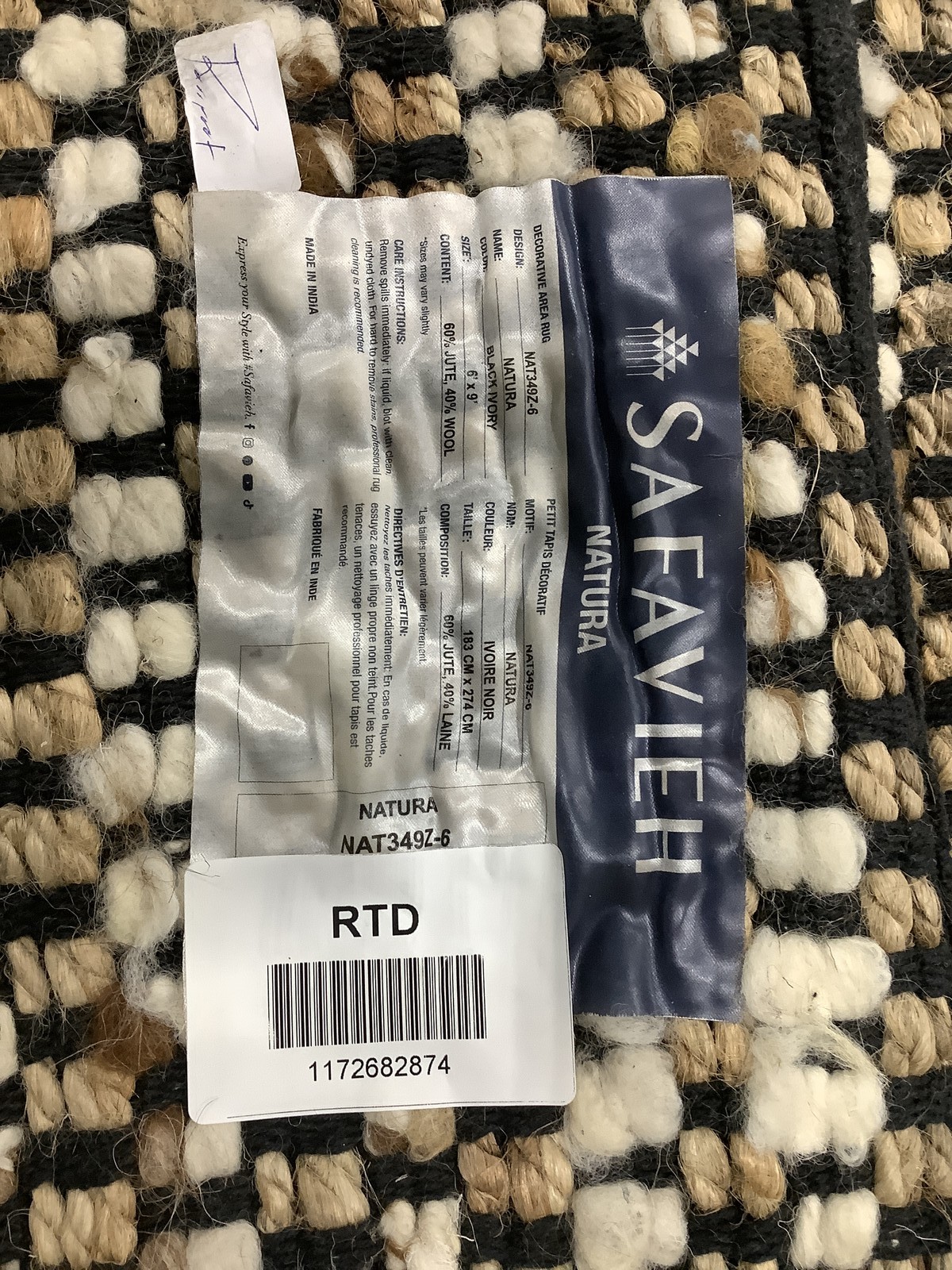 BLACK / IVORY 6′-0″ x 9′-0″ Flaw in Rug, Reduced Price 1172682874 NAT349Z-6