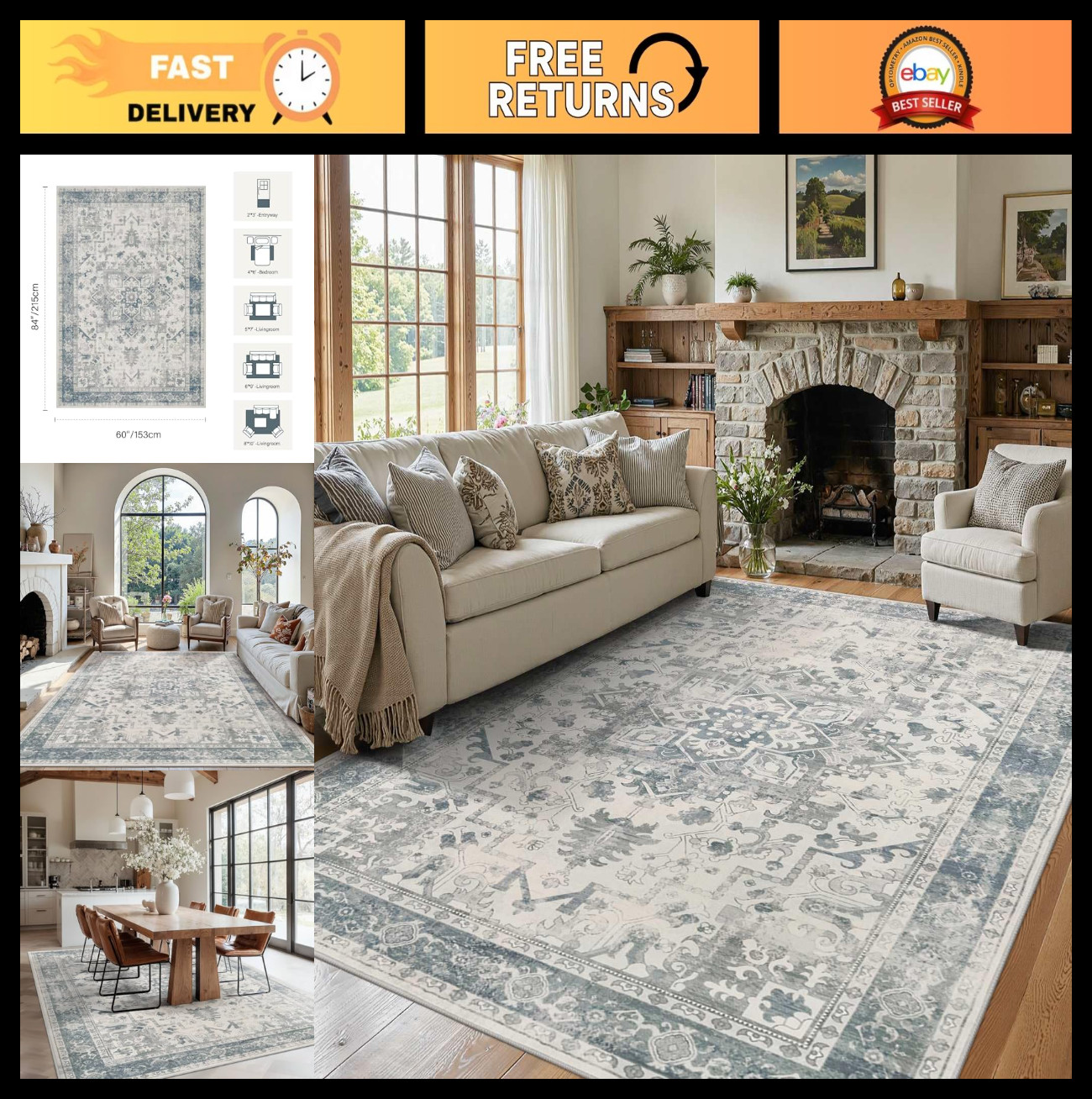 5×7 Washable Area Rug – Vintage Boho Light Blue for Living Room, Office, Dining,