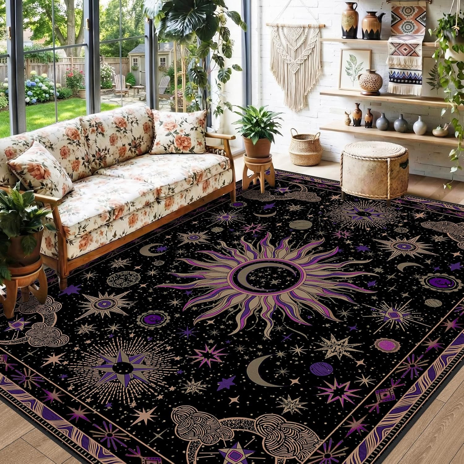 5X7 Area Rugs, Washable Vacuum-Friendly Non-Slip Rug Vintage Boho Gothic Sun and