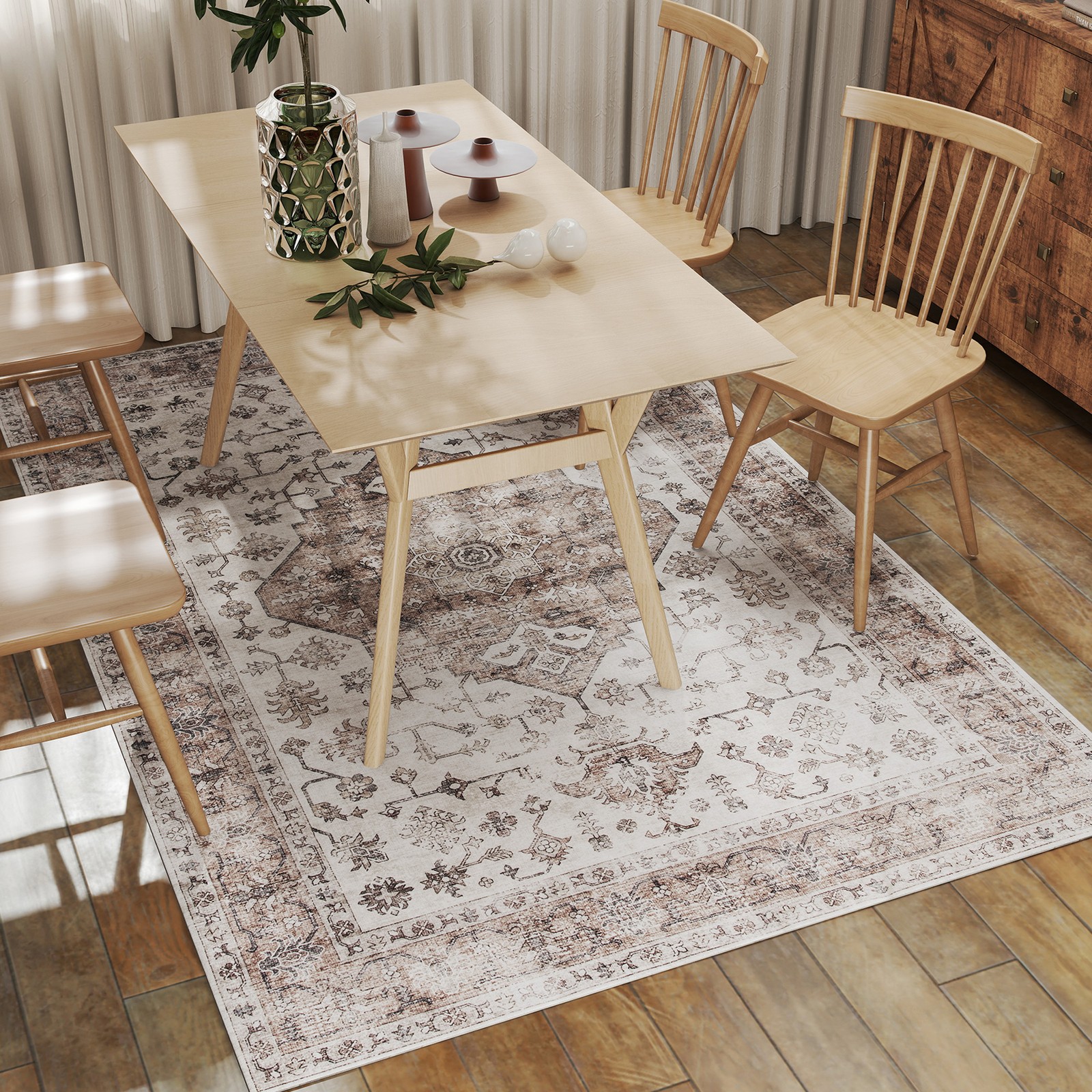 5×7 Area Rug, Vintage Machine Washable Rug for Living Room, Tan