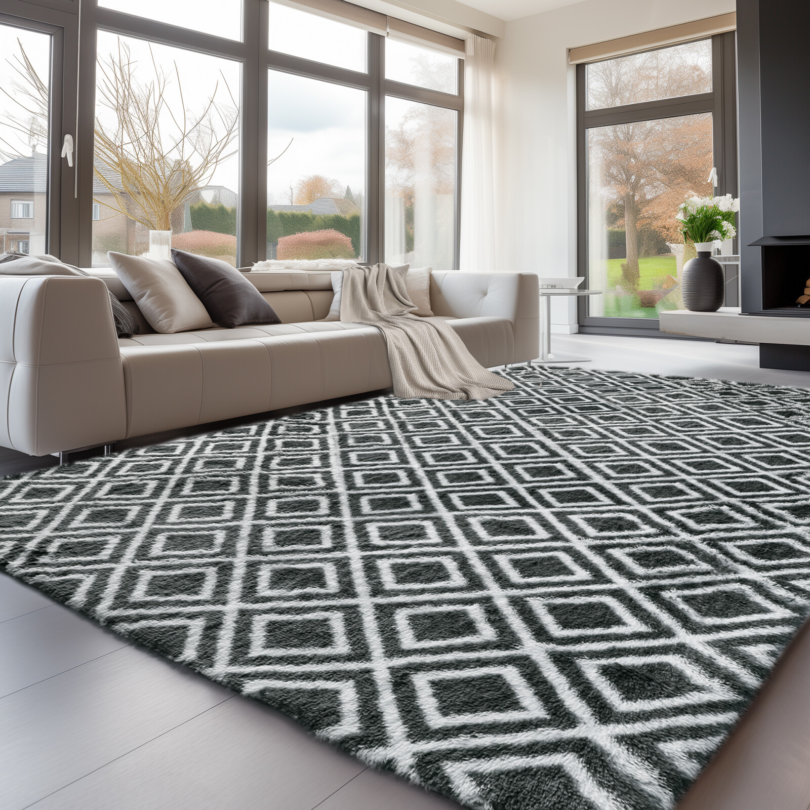 Large Size Shaggy Fluffy Area Rugs Carpets for Living room Bedroom Grey Checker
