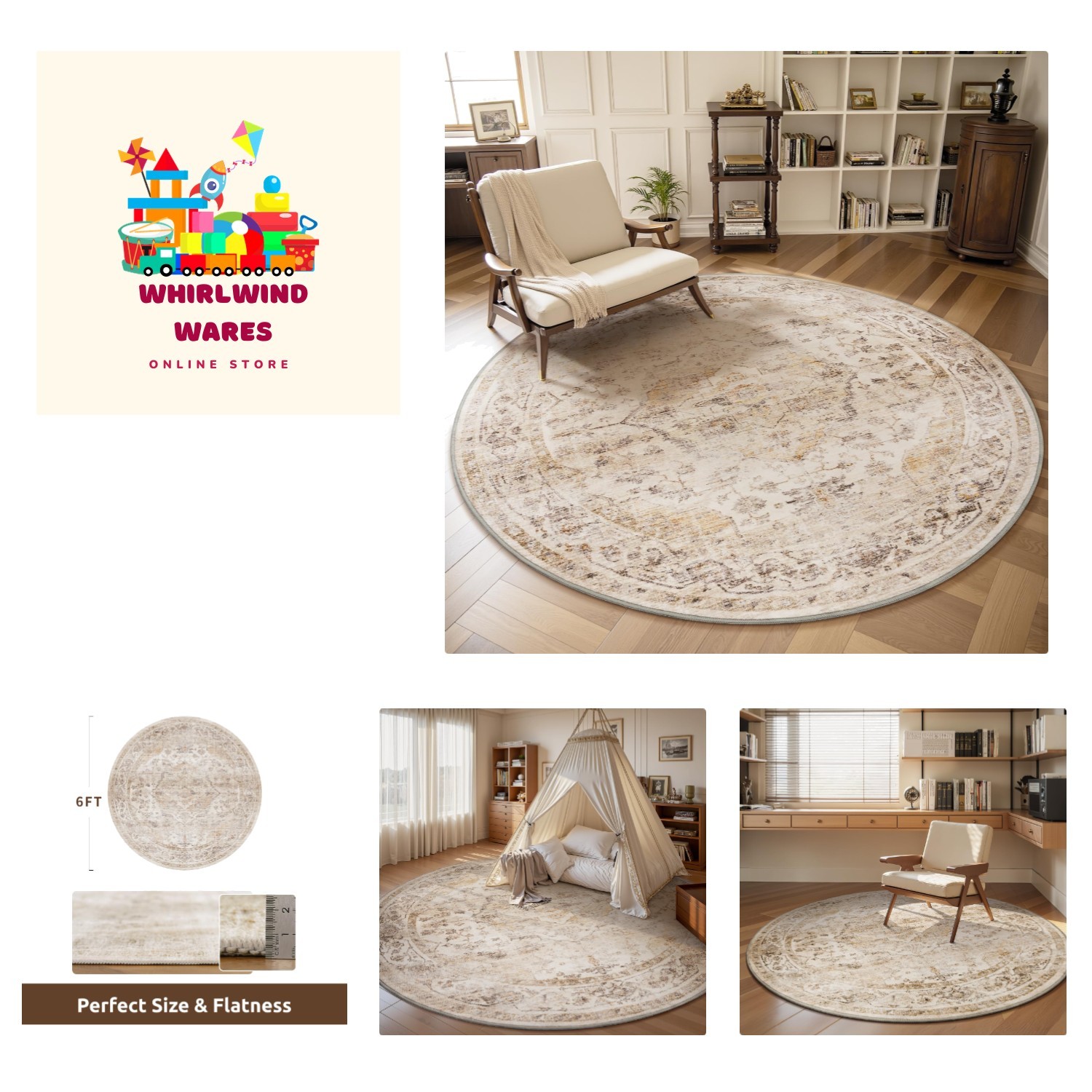 6FT Round Rug-Rugs for Living Room-Vintage Soft Beige Rugs for Bedroom-Non Sl…