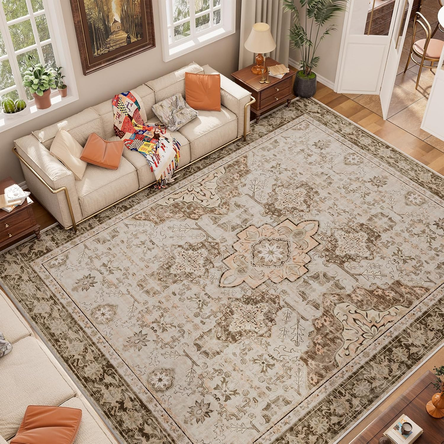 8X10 Area Rugs for Living Room, Large Non-Slip Washable Rug, Boho Vintage Retro