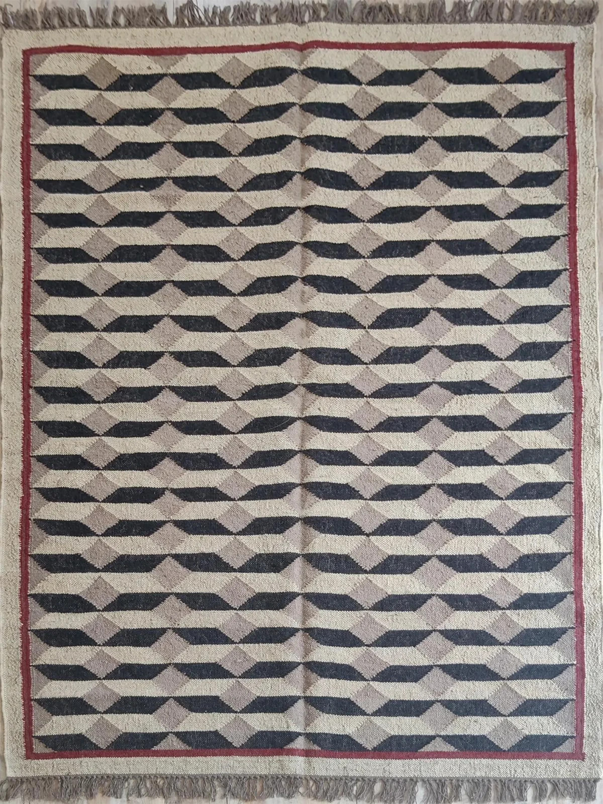 Hand Knotted Wool Rug Color Natural Beige, Taupe, Black, Muted Red Carpet Rug