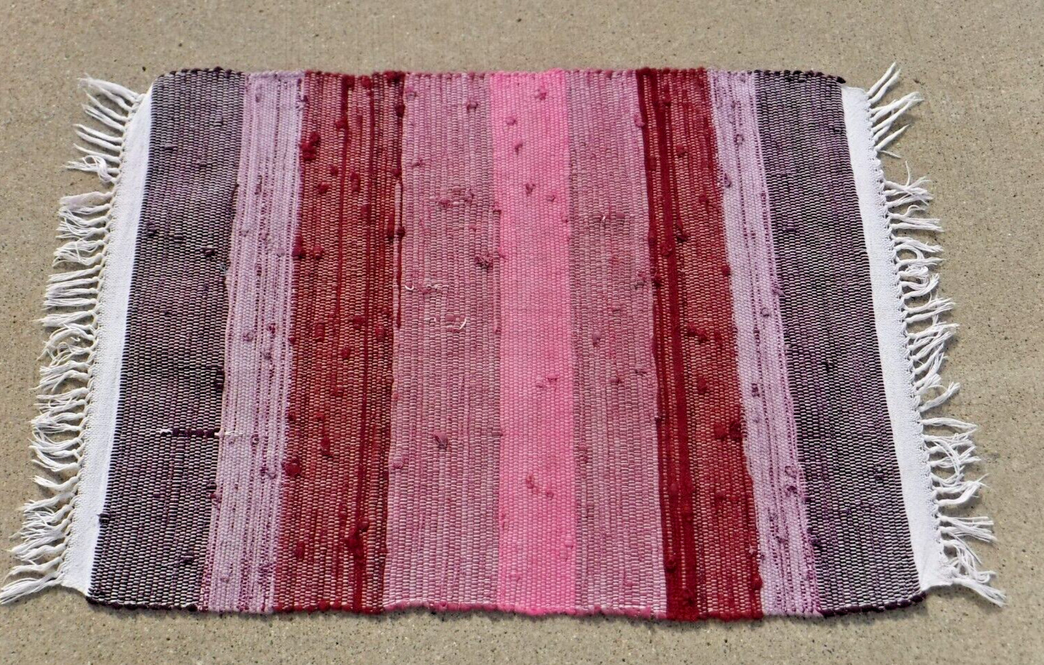 Handmade Rag Rug 42″ x 25.5″~Pinks~Reds~Wines~Vtg Farmhouse~Ranch~Midwest USA!