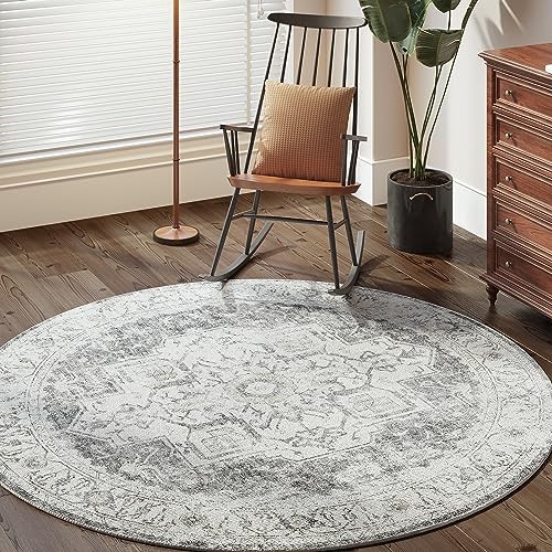 Round Rug 6ft Washable Area Rug 6′ x 6′ (Round Light Weight) Medallion Grey
