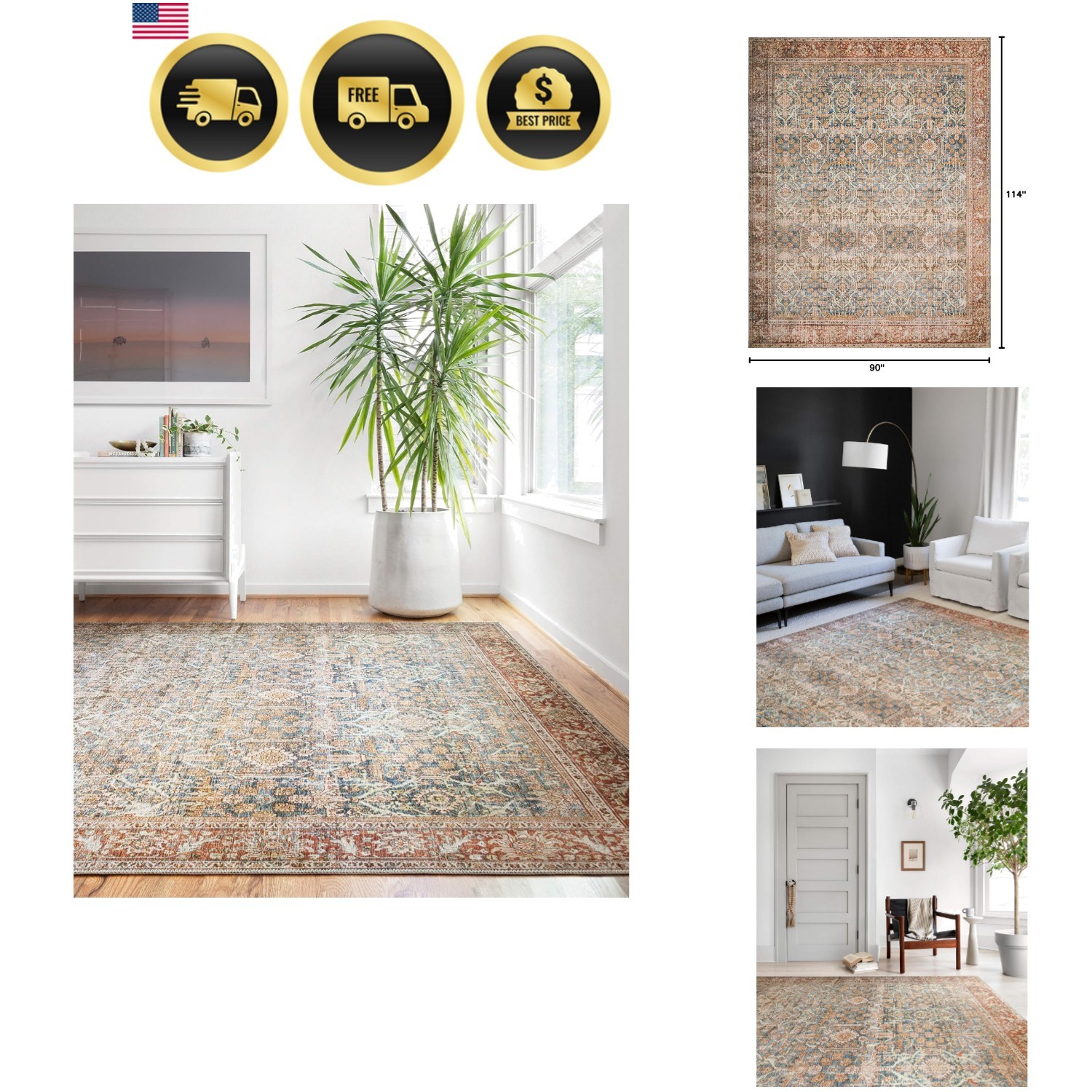 Layla Collection LAY-04 Ocean/Rust 7′-6″ x 9′-6″ .13″ Thick Area Rug, Soft, D…