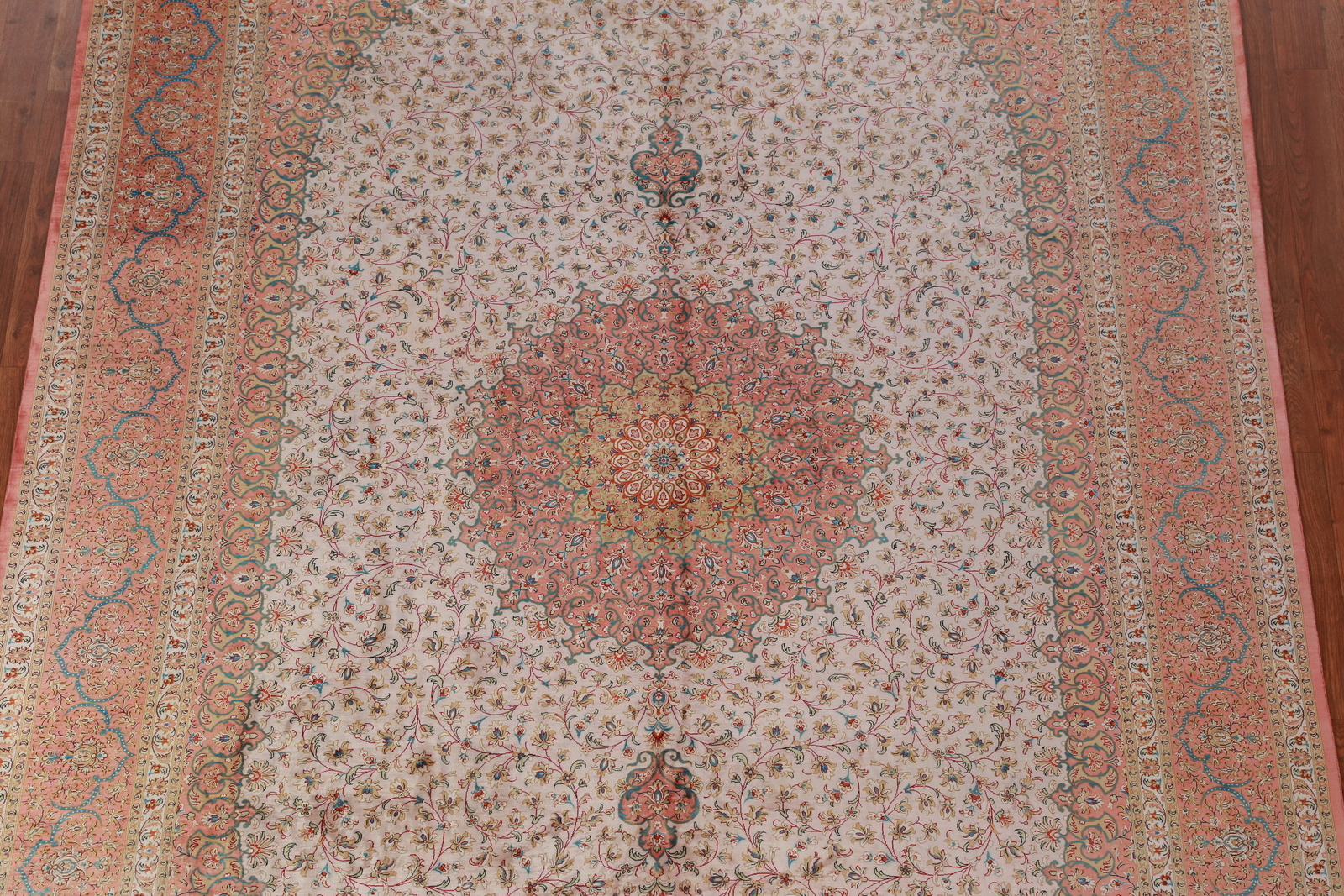 100% Silk Qqumm Signed Floral Ivory Hand-knotted Dining Room Area Rug 6×10
