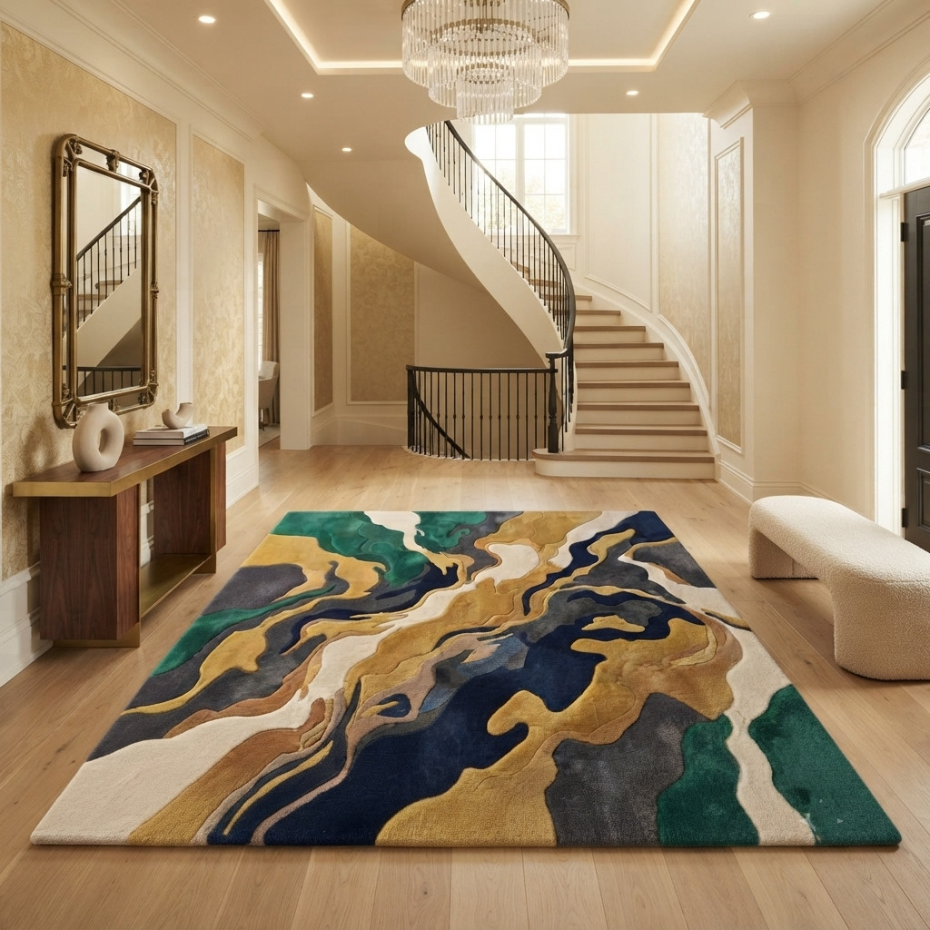 9×12 Hand Tufted Wool Area Rug Abstract Navy Gold Emerald Modern Living Room