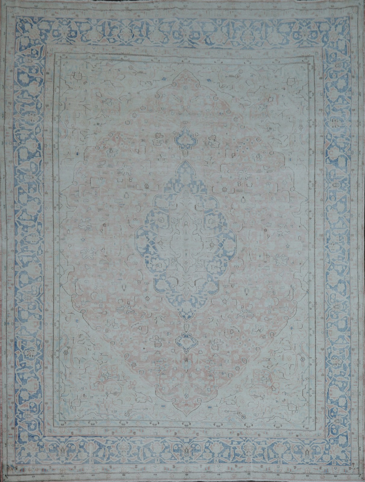 Pale Coral Distressed Large Rug 10×13 Ft Hand-Knotted Medallion Wool Carpet