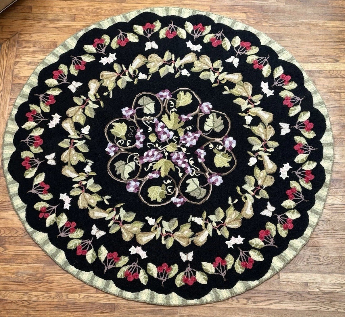 Claire Murray Hand Hooked Wool Large Round Rug 7’ Cherries Botanical Fruit