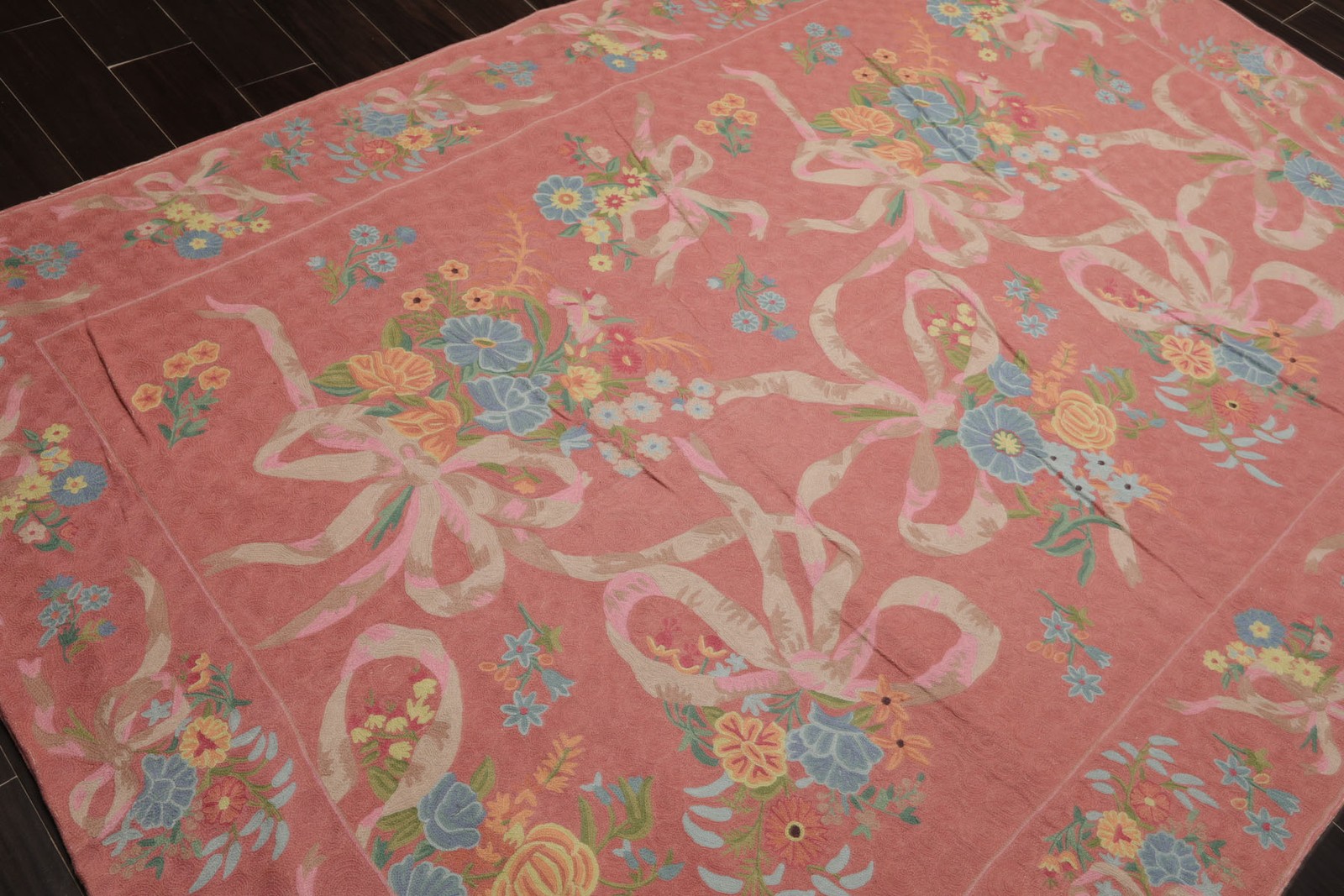 6’x8’10” Hand Woven Wool Pink Chainstitch Traditional Rug